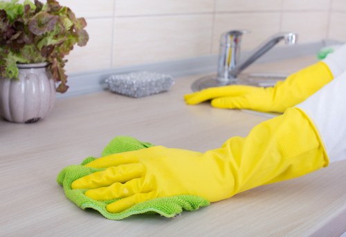 Professional cleaner inspecting a treated carpet area